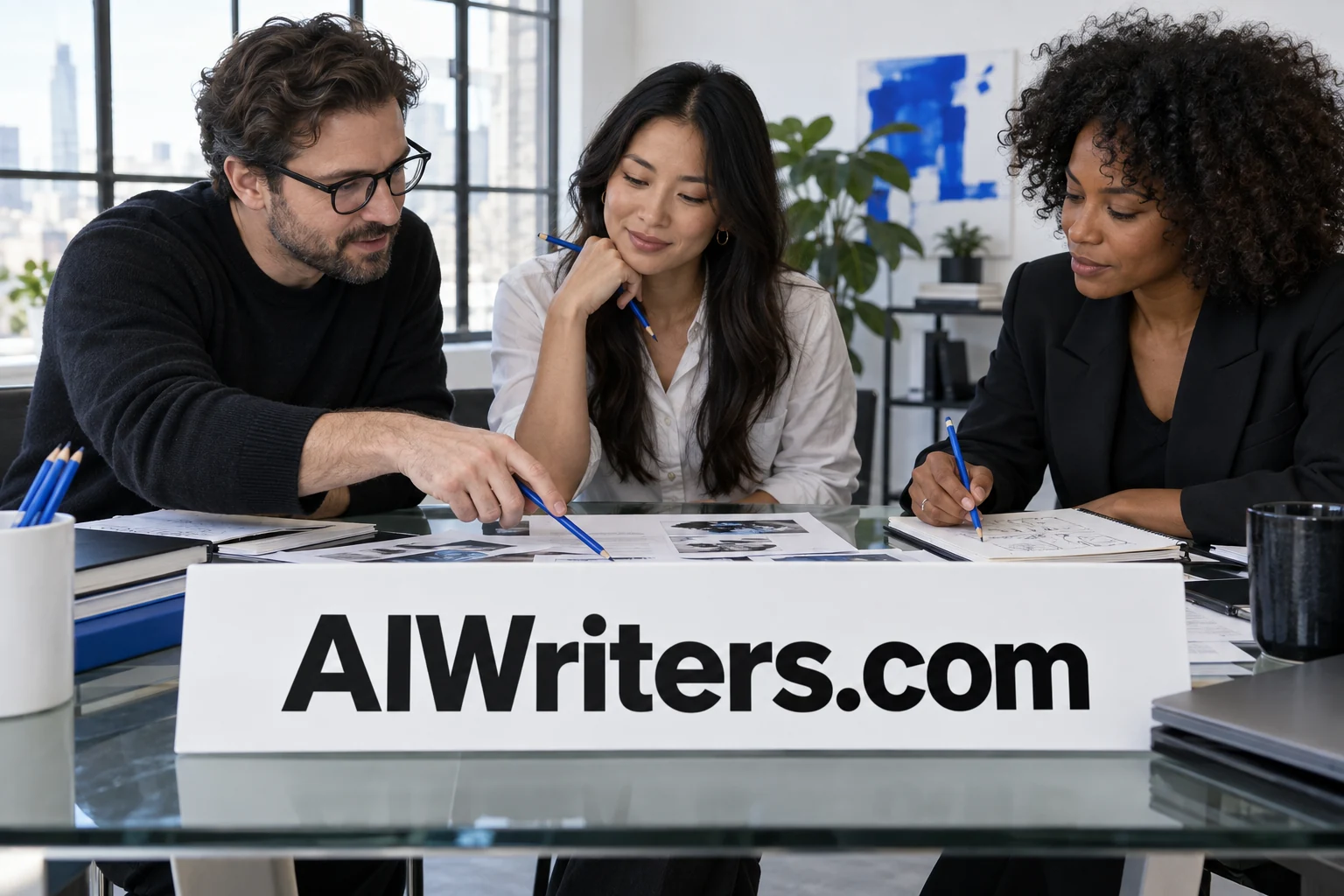 An editorial team discussing a manuscript in an AIWriters.com workspace