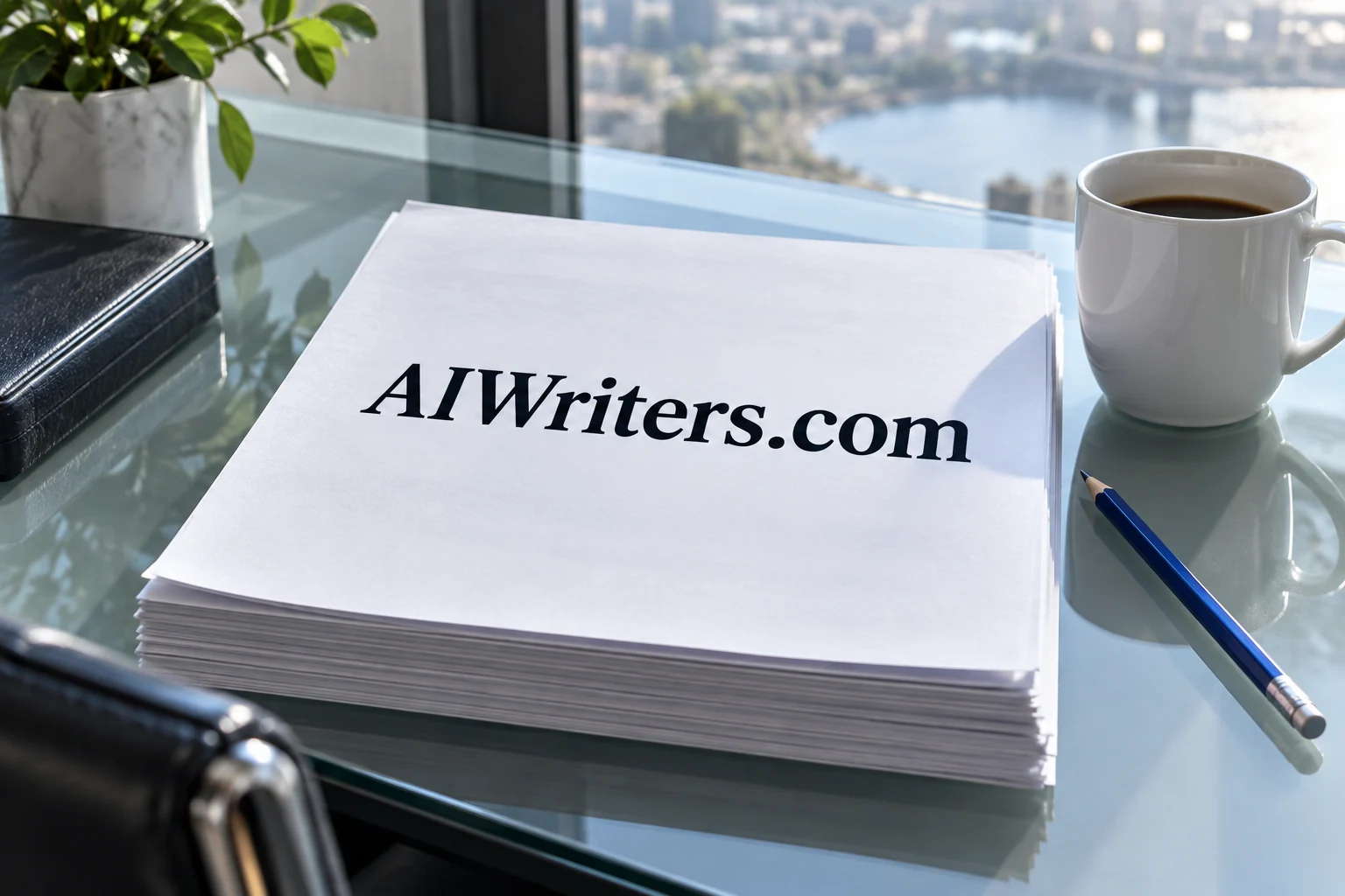 AIWriters.com printed on a manuscript beside a sunlit writing desk